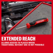 CRAFTSMAN hand tool with extended reach, shown on a mat near a car engine, designed for tough-to-access spots.