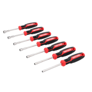 Craftsman CMHT65146 nut driver set, black and red handles, side angle, seven pieces on white background.