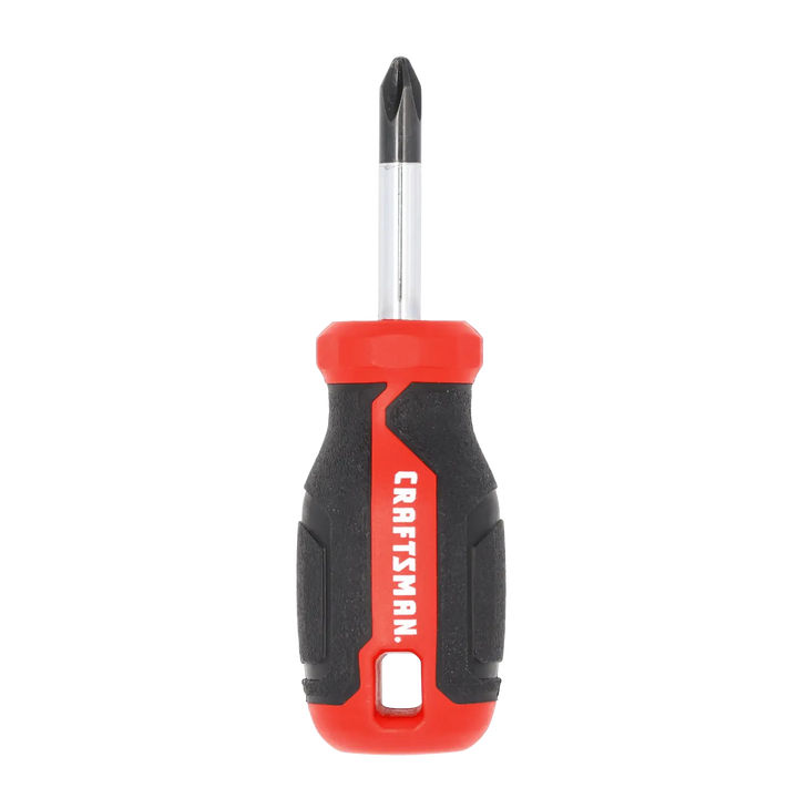 Front view photo of Craftsman CMHT65149 stubby Phillips screwdriver with red and black ergonomic handle on white background.