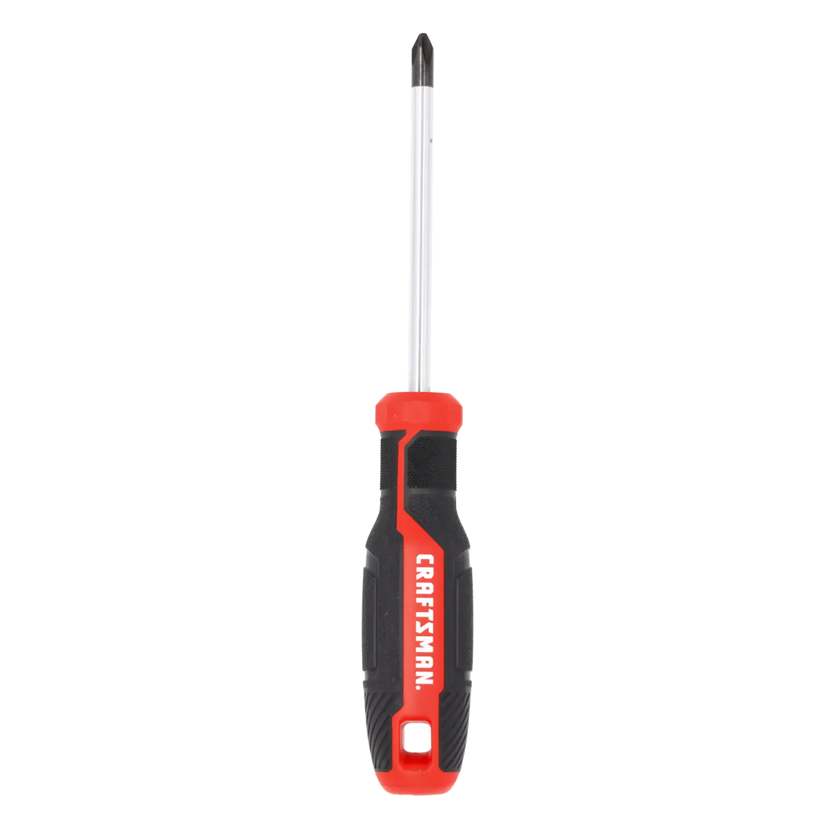 Photo of Craftsman Phillips screwdriver CMHT65150 with red and black handle, front angle, on white background.