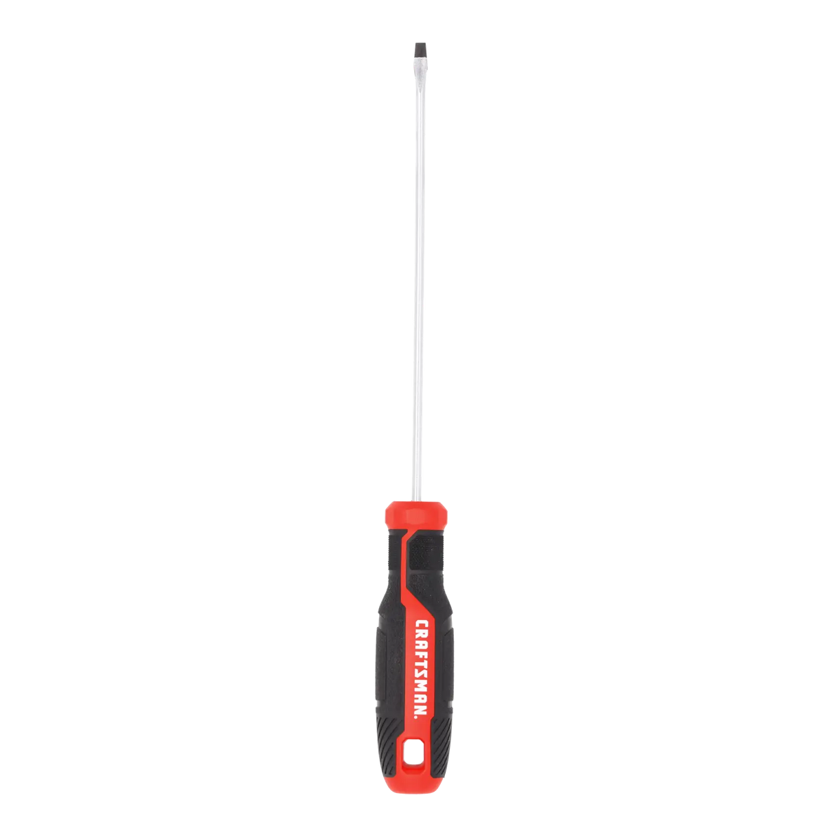 Photo of Craftsman flathead screwdriver with black and red handle, long shaft, CMHT65159, front angle on white background.