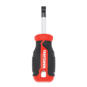 Craftsman stubby flathead screwdriver CMHT65163, red and black handle, front angle, white background.