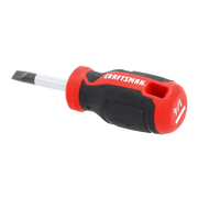 CRAFTSMAN stubby slotted screwdriver with red and black handle, CMHT65163, front angle photo.