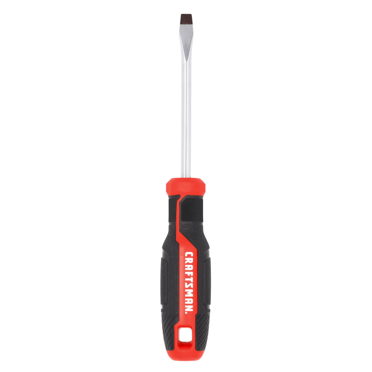 Photo of Craftsman flathead screwdriver CMHT65164, black and red handle, tip facing up, front angle, white background.