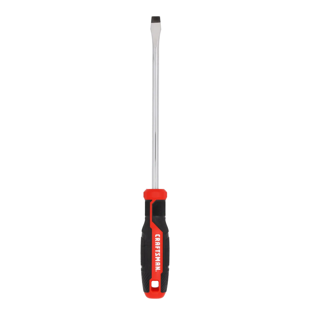 Photo of Craftsman flat head screwdriver CMHT65166, red and black handle, front angle, white background.