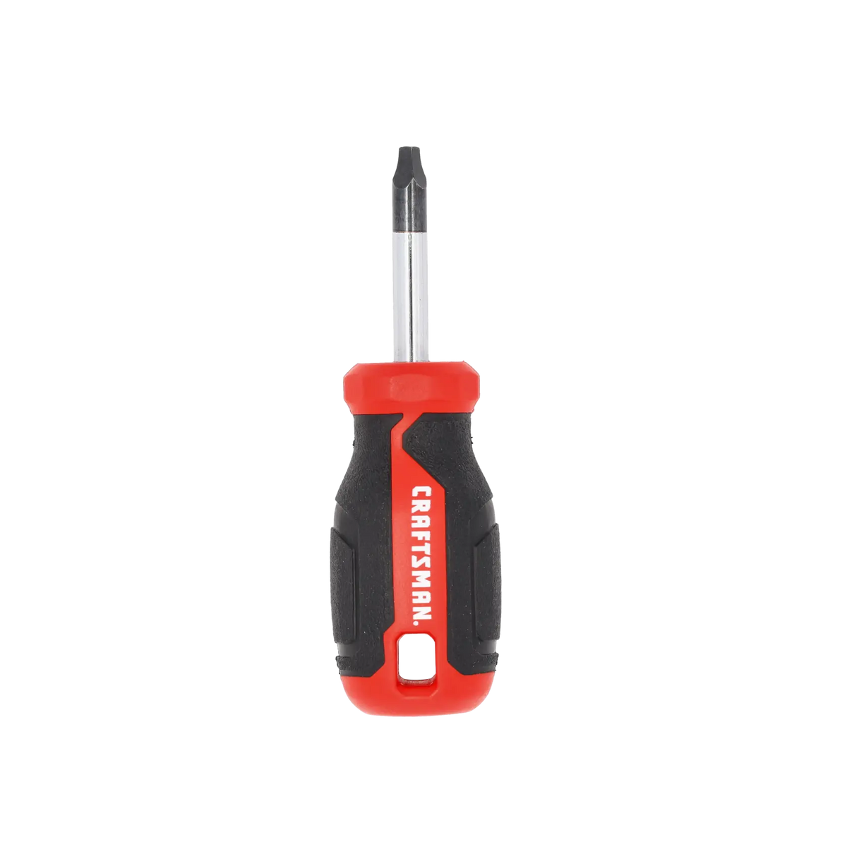 Front view photo of Craftsman stubby Phillips screwdriver, red and black handle, SKU CMHT65171.