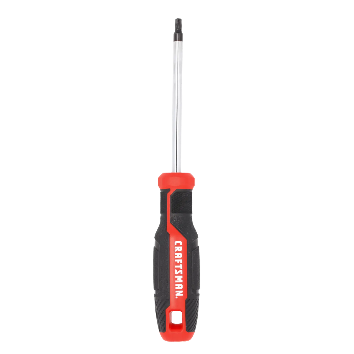 Front view photo of Craftsman screwdriver with red and black handle, long shaft, and star tip, CMHT65177.