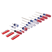 CRAFTSMAN screwdriver and bit set CMHT65180, assorted red and blue handles, top-down on white background.