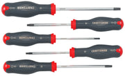 Photo of Craftsman CMHT65630V 5-piece Torx screwdriver set with black and red handles, top view.