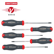 Photo of Craftsman V Series graphics screwdriver set CMHT65630V, five black and red screwdrivers on white background.