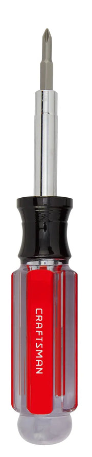 Photo of Craftsman multi-bit screwdriver CMHT66052 with red and clear handle, front angle on white background.