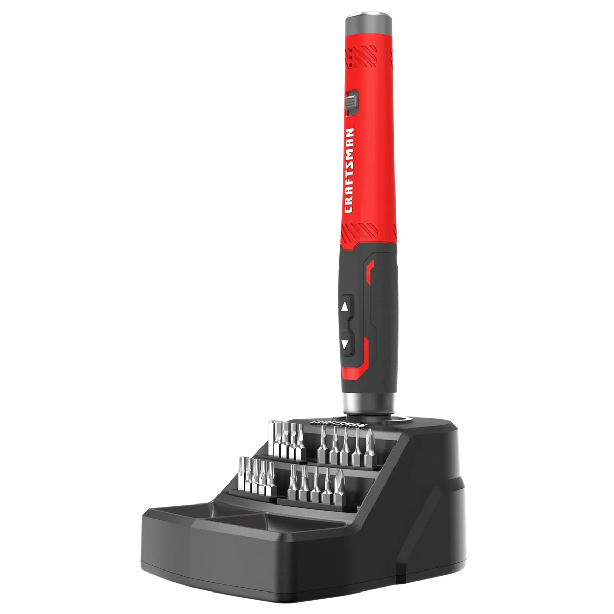 CRAFTSMAN CMHT66720 red and black electric screwdriver set with multiple bits in black stand, front angle.