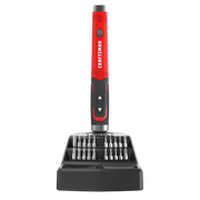 Photo of Craftsman CMHT66720 red electric screwdriver with bit set on white background, front angle.