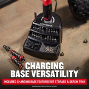 Photo of Craftsman graphics CMHT66720 charging base with bit storage and screw tray on wood surface.
