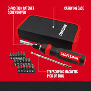 Photo of Craftsman CMHT68001 graphics, 3-position ratchet screwdriver set with bits, telescoping magnetic tool, and carrying case.
