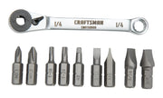 Photo of Craftsman CMHT68008 ratcheting wrench set with ten assorted screwdriver bits, top view, white background.