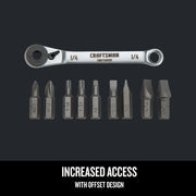 Photo of Craftsman CMHT68008 graphics showing offset ratchet wrench with assorted bits on dark background.
