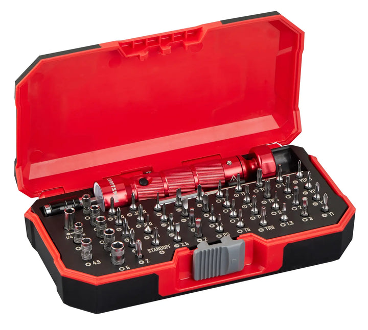 CRAFTSMAN CMHT68011N red and black precision screwdriver set open, showing assorted bits in case, angled view.