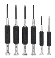 A set of six precision screwdrivers with black handles and silver metal tips, arranged upright in a row. The handles are labeled 'CRAFTSMAN' and each tool is marked with its size and type near the bottom.