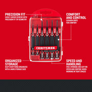 Photo of CRAFTSMAN precision screwdriver set with six screwdrivers in a clear hard case, SKU CMHT68012, front view.