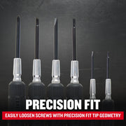 Craftsman precision screwdriver set CMHT68012, six screwdrivers with black tips and textured handles, front angle.