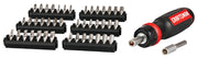 Craftsman CMHT68017 ratcheting screwdriver set with black and red handle, six bit trays, and metal bits, side angle.