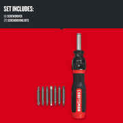 Craftsman CMHT68129 graphics photo showing black and red screwdriver with seven gray screwdriving bits.