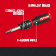 Photo of Craftsman ratcheting screwdriver CMHT68129 with extended locking bit holder, bi-material handle, and in-handle bit storage, side angle.