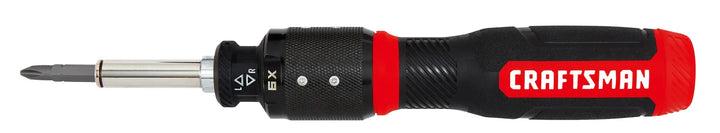 Craftsman CMHT68134 ratcheting screwdriver with black and red handle, side angle, on white background.