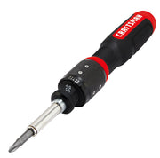 Craftsman ratcheting screwdriver CMHT68134, black and red handle, angled view on white background.