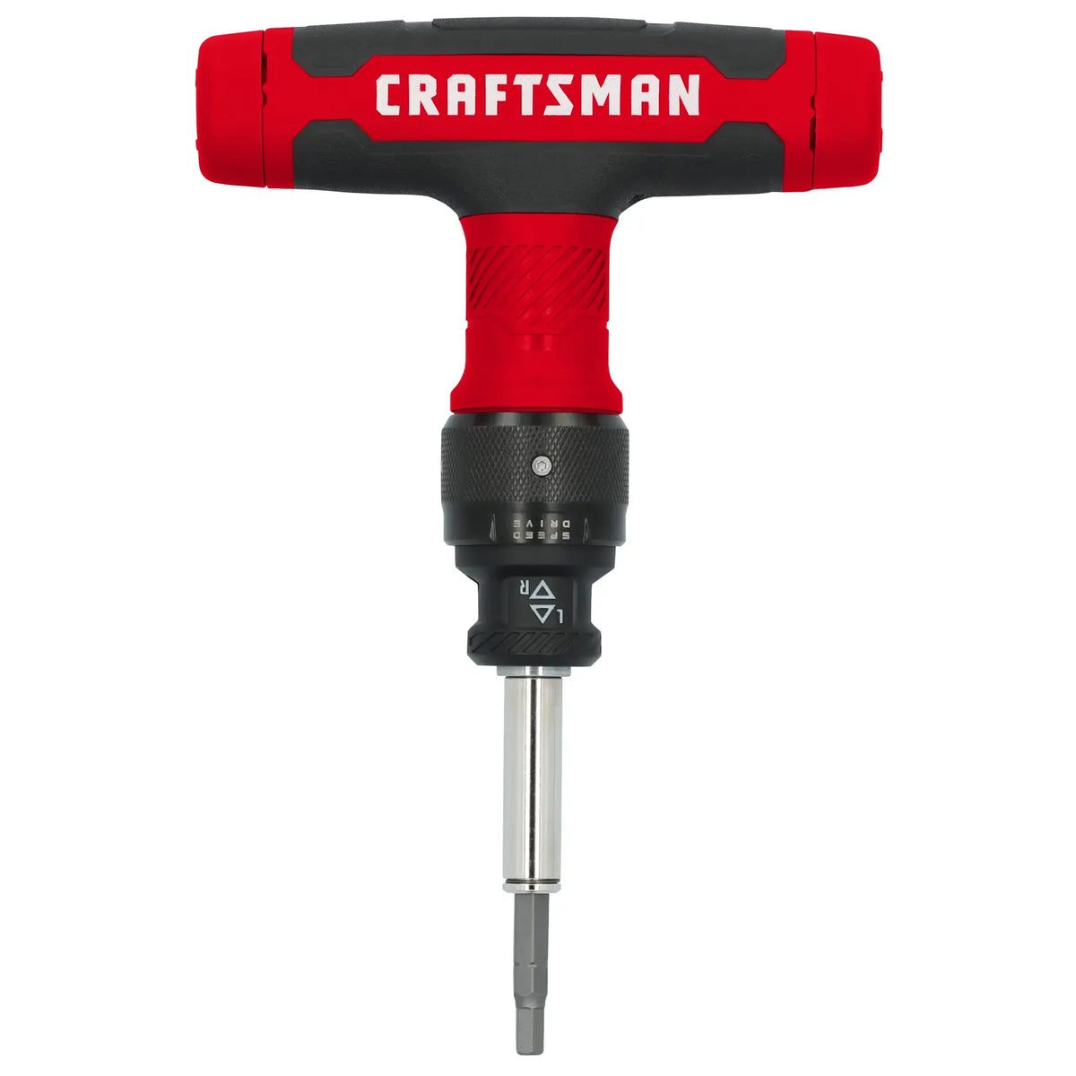 A CRAFTSMAN branded ratcheting T-handle screwdriver with a red and black handle and interchangeable bit.