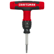 A CRAFTSMAN branded ratcheting T-handle screwdriver with a red and black handle and interchangeable bit.