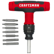 A CRAFTSMAN branded ratcheting T-handle screwdriver set, featuring a red and black T-handle with interchangeable metal bits arranged on the left. The bits include various sizes for Phillips, flathead, and Torx screws.