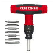 Craftsman T-handle ratcheting screwdriver set with eight bits, CMHT68135, product front photo on white.