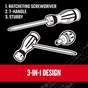 Craftsman CMHT68142V graphics showing ratcheting screwdriver, T-handle, and stubby 3-in-1 tool designs.