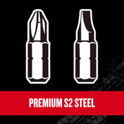 Craftsman graphics CMHT68142V showing two driver bit icons and bold text Premium S2 Steel on black and red background.