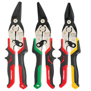 Photo of three CRAFTSMAN aviation snips CMHT73558 with black blades, ergonomic handles in red, green, and yellow accents, front view.