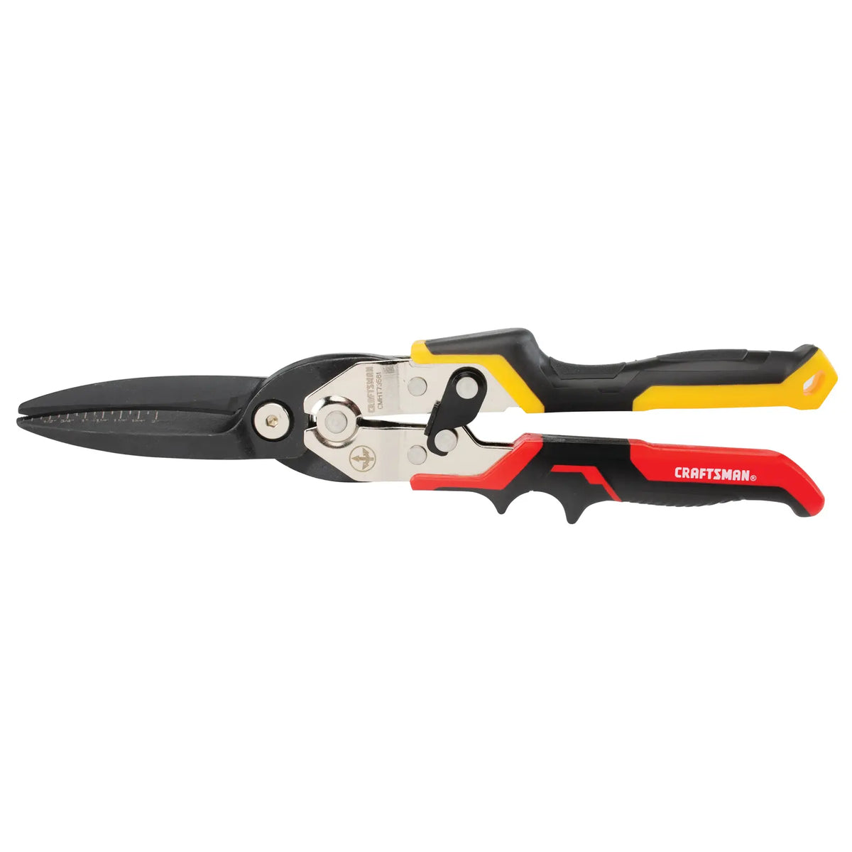 Photography of Craftsman CMHT73561 aviation snips with black, red, and yellow handle, side view on white background.