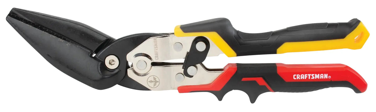Craftsman CMHT73564 aviation snip with angled black blade and ergonomic yellow and red handle, side view on white.