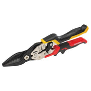 Craftsman CMHT73756 aviation snips with black blades, red and yellow ergonomic handle, side view.