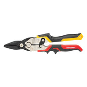 Photo of Craftsman CMHT73756 aviation snips with black, red, and yellow handles, side angle on white background.