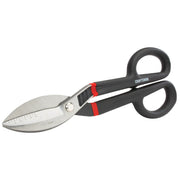 Photo of Craftsman metal cutting snips with black and red handles, stainless steel blades, CMHT73992, side angle.
