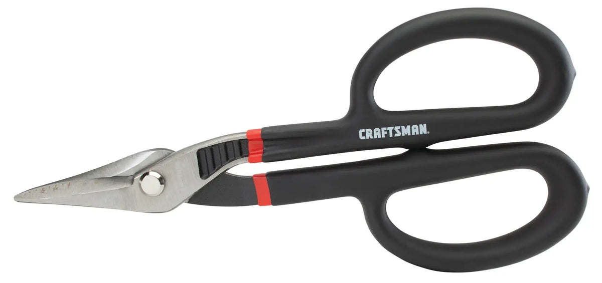 Photo of Craftsman aviation snips CMHT73993 with black handles, angled blade, front view on white background.
