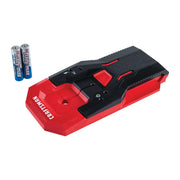 Photo of CRAFTSMAN CMHT77620 black and red electronic stud finder with two AA batteries, angled on white background.