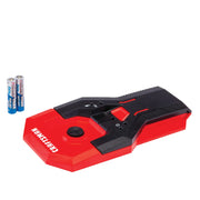 Photo of CRAFTSMAN CMHT77621 red and black stud finder with two AA batteries, angled view on white background.