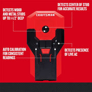 Craftsman stud finder CMHT77621 front angle, red and black, displays key detection features on red background.