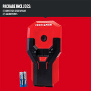 Photo of Craftsman stud sensor CMHT77621 with two AAA batteries, front view on red and black background.