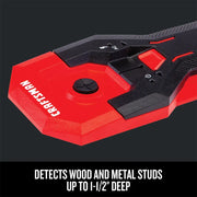 Craftsman red and black stud finder CMHT77621, angled view, detects wood and metal studs up to 1-1/2 inch deep.