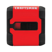 A red and black Craftsman-branded laser level device, shown from the front with a visible switch and lock/unlock icons.