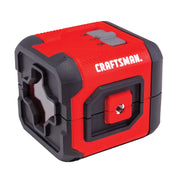A red and black Craftsman self-leveling laser level tool with a rugged, square design, featuring control buttons and a visible mounting thread on the side.